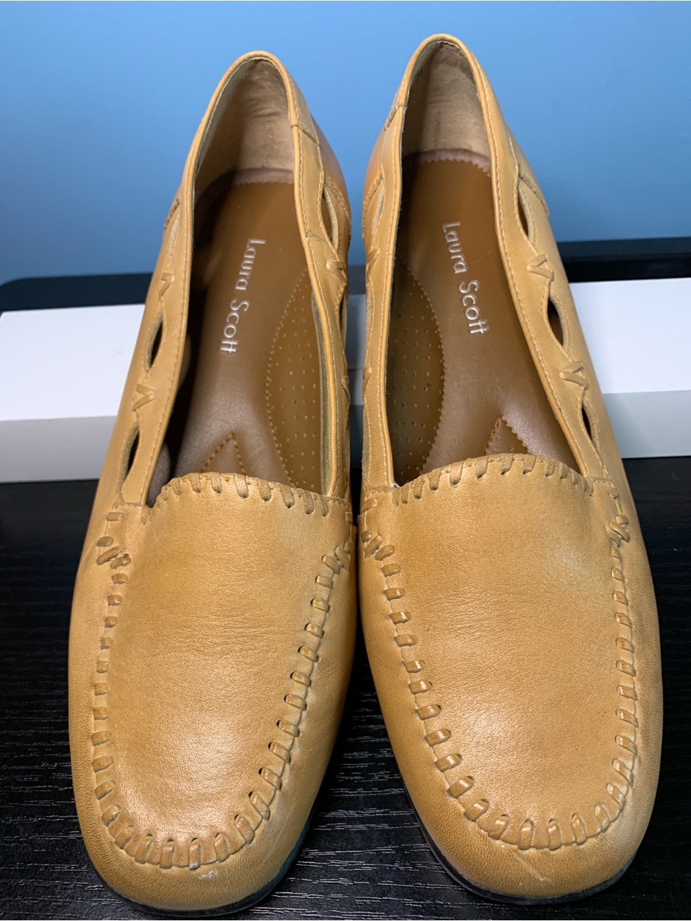 Laura Scott Tan Leather Slip-On Loafers